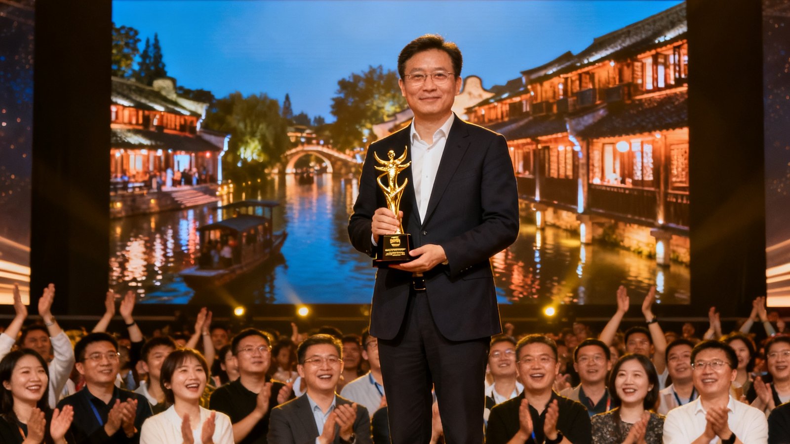颁奖典礼现场照片，DB视讯代表手持亚洲文旅大奖奖杯站在舞台上，背景屏幕显示乌镇夜游项目的精彩画面，台下观众热烈鼓掌。