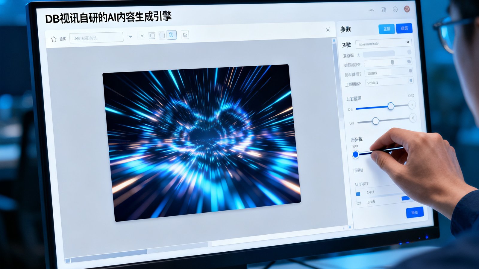 电脑屏幕显示DB视讯自研的AI内容生成引擎操作界面，界面上展示着自动生成的光影图案预览，工程师正在调整参数。